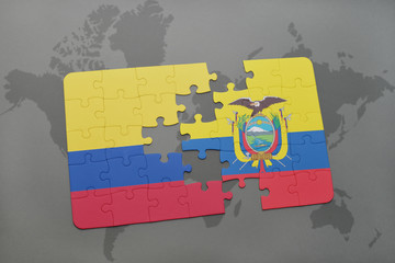 puzzle with the national flag of colombia and ecuador on a world map background.