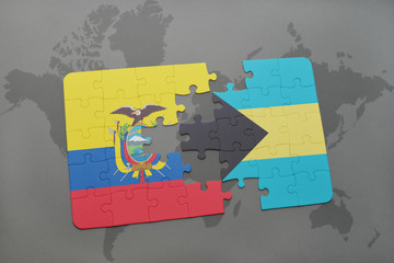 puzzle with the national flag of ecuador and bahamas on a world map background.