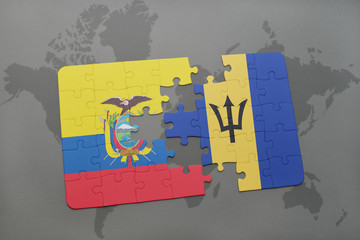 puzzle with the national flag of ecuador and barbados on a world map background.