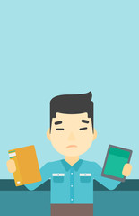 Man choosing between book and tablet computer.