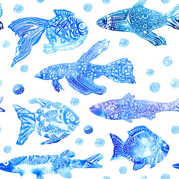 seamless pattern with stylized fish and bubbles. watercolor hand drawn illustration.white background.white ornament.wrapping marine image