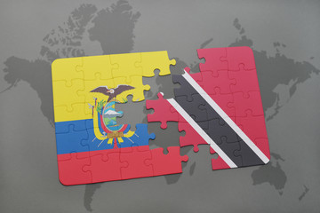 puzzle with the national flag of ecuador and trinidad and tobago on a world map background.