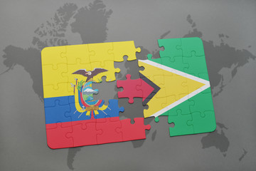 puzzle with the national flag of ecuador and guyana on a world map background.