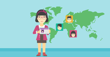 Woman holding tablet with social network.