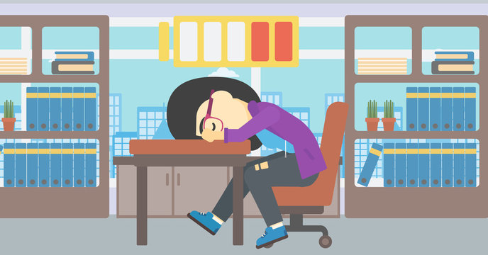 Woman sleeping at workplace vector illustration.