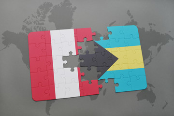 puzzle with the national flag of peru and bahamas on a world map background.