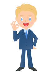 OKサインのビジネスマン、男性会社員のイラスト素材、三頭身