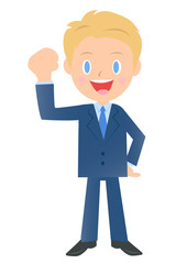 ガッツポーズのビジネスマン、男性会社員のイラスト素材、三頭身
