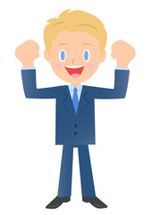 喜ぶビジネスマン、男性会社員のイラスト素材、三頭身