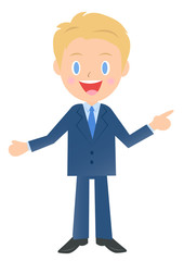 説明するビジネスマン、男性会社員のイラスト素材、三頭身