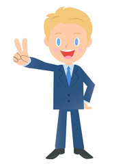 ピースサインのビジネスマン、男性会社員のイラスト素材、三頭身