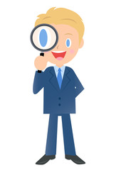 虫眼鏡を持つビジネスマン、男性会社員のイラスト素材、三頭身