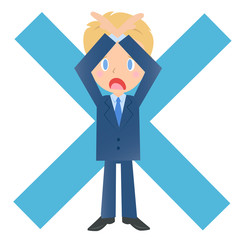不正解マークのビジネスマン、男性会社員のイラスト素材、三頭身