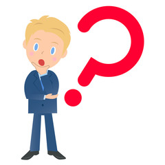 はてなマークのビジネスマン、男性会社員のイラスト素材、三頭身