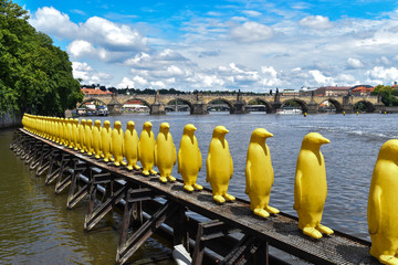 a row of yellow penguin and an old stone bridge
