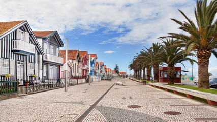 Street with striped houses, Costa Nova, Aveiro, Portugal