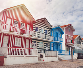 Fototapeta na wymiar colorful striped houses, Costa Nova, Aveiro, Portugal