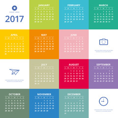 Calendar 2017. Week starts Sunday. For web, design and  print.