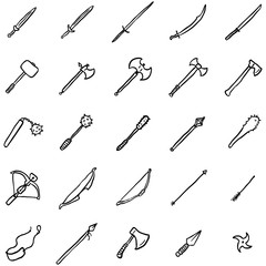 Naklejka premium Vector Set of Black Doodle Medieval Weapon Icons