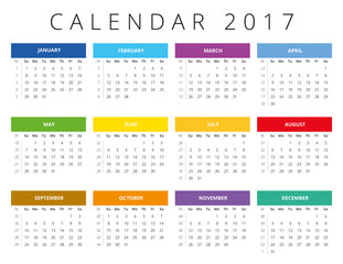 Calendar 2017. Week starts Sunday. Calendar grid with numbers of weeks. For web, design and  print.