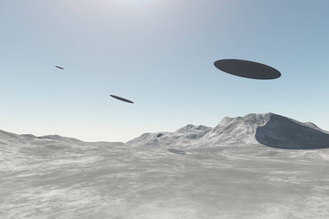 Naklejka na ściany i meble UFO alien spaceships flying over mountains