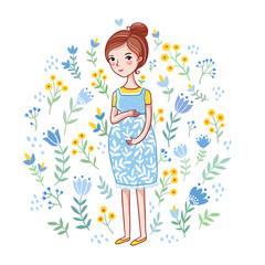 Obraz na płótnie Canvas A young pregnant woman on a floral background. Future mother on a white background. Vector illustration in cartoon style. Girl stroking belly with a baby. Baby shower card, It s a Boy.