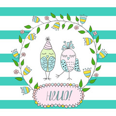 Greeting card, invitation in a blue strip with frame of flowers, leaves and birds.