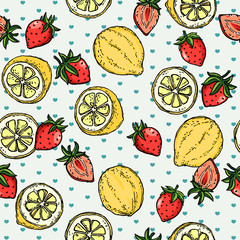 Lemon Strawberry Summer Fruit Illustration Pattern. Isolated Vector Background.