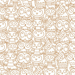 Seamless pattern with various species of cute cartoon owls on  white background.  Little funny birds. Children's illustration.