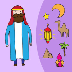 Arabic man and a set of different arabic elements