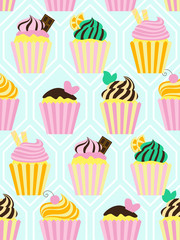 Seamless pattern with different sweet cupcakes