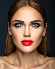 sensual glamour portrait of beautiful woman model lady with fresh daily makeup with red lips color...