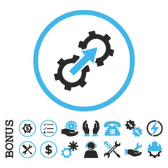 Gear Integration vector bicolor icon. Image style is a flat pictogram symbol inside a circle, blue and gray colors, white background. Bonus images are included.