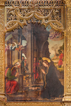 AVILA, SPAIN, APRIL - 18, 2016: The painting of Nativity on the main altar of Catedral de Cristo Salvador by Pedro Berruguete (1499).