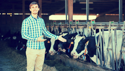  man happily stroking cows