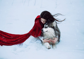 Red Riding Hood lost in the mystical snow-covered forest and met a wolf,fantastic...