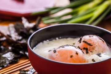 Japanese onsen egg on wooden background