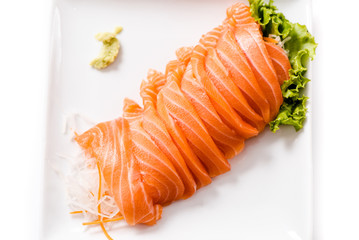 Salmon Sashimi in plate on white background
