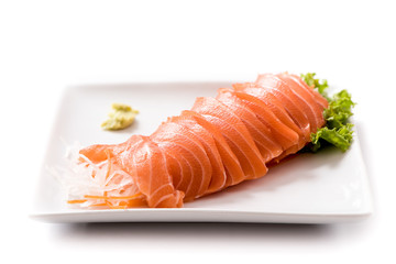 Salmon Sashimi in plate on white background