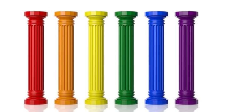 Six rainbow colored pillars. 3d illustration