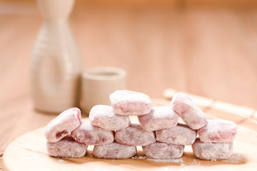 moji , Kagami mochi , Mochiko , sweet on wood table , Japan swee