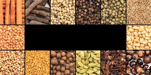 Various colorful spice seeds collage