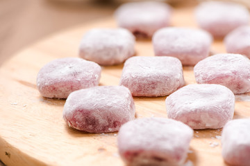 moji , Kagami mochi , Mochiko , sweet on wood table , Japan swee