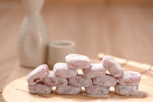 moji , Kagami mochi , Mochiko , sweet on wood table , Japan swee