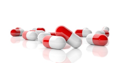 Pills spilled on white background. 3d illustration	