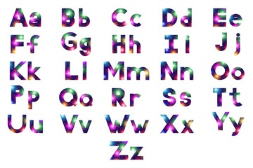 Alphabet, Set of English Letters Signs Uppercase and Lowercase, Stylized Colorful Holiday Firework with Stars and Flares