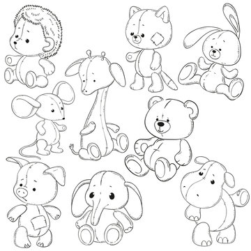 A collection of stuffed animals. Soft toys coloring books