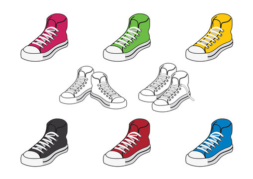 Set of icons colored shoes. Vector illustration of different sneakers. Shoes youth