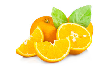 Orange slices with leaves isolated on white background
