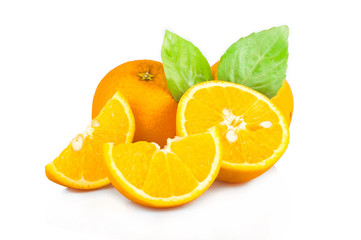 Orange slices with leaves isolated on white background